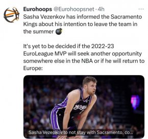 Според популярната баскетболна платформа Eurohoops.net Александър Везенков е информирал Sacramento Kings, че желанието му е да напусне тима през лятото.