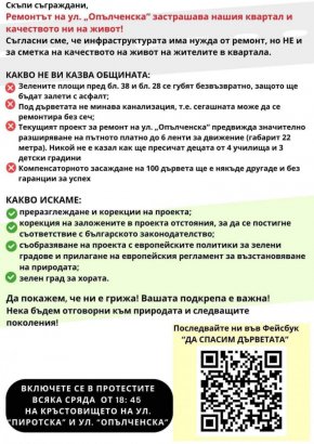 Опълченците от Опълченска викат на протест в защита на дърветата довечера