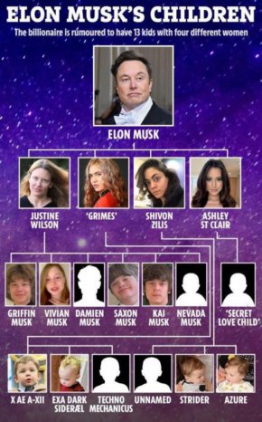
На тази таблица виждате децата на Мъск и майките им.
Пример за вече описаното от нас Ново семейство, базирано на серийна моногамия.
Най-богатият човек в света е и най-влиятелният съветник на президента на САЩ Доналд Тръмп.